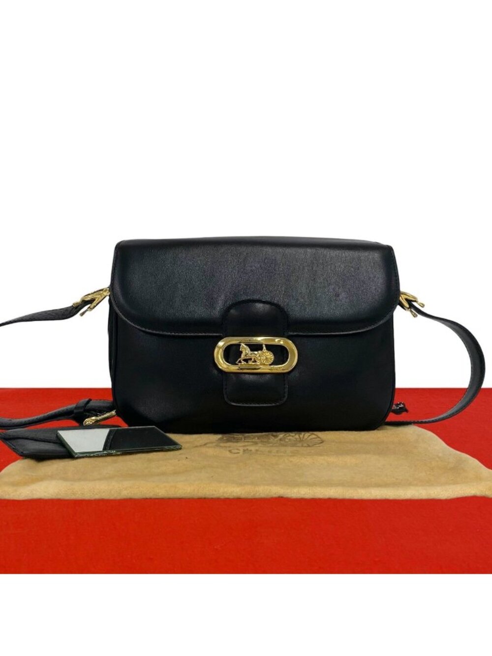 Celine Vintage Logo Carriage Calf Leather Shoulder Bag Pochette Black